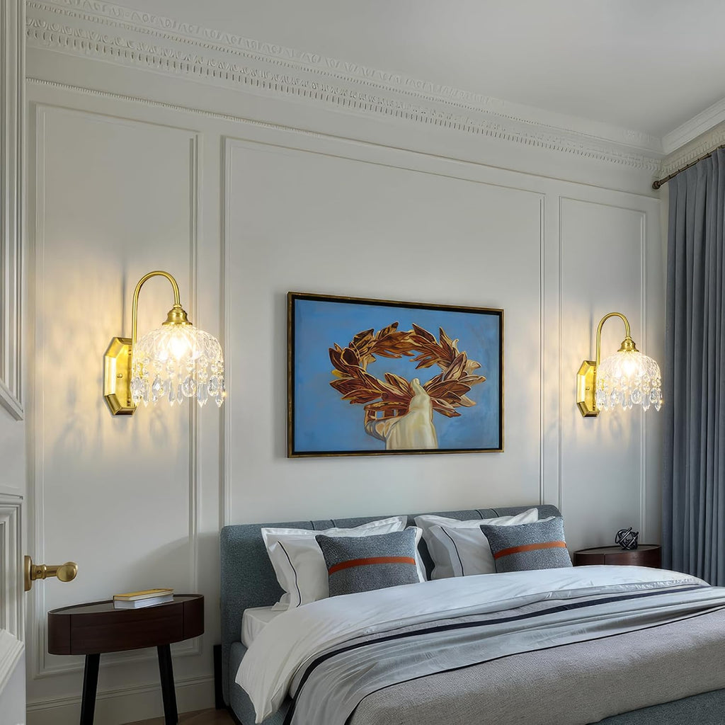2-Pack Vintage Wall Sconce,Glass Crystal Wall Sconce,Matte Brushed Antique Brass Finish Set of Two for Bedroom