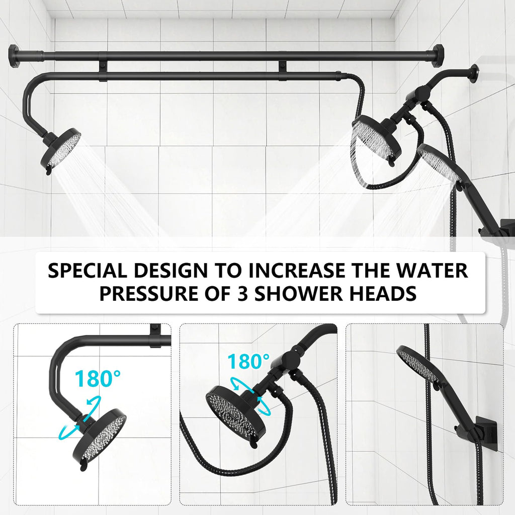 Tandem Shower Head, Dual Shower Heads for Two People & Handheld Head, Triple Shower Head High Pressure
