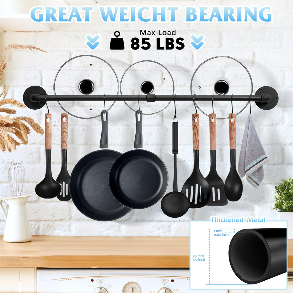 32 inch Pot Rack Wall Mounted Pan Hangers, Industrial Pipe Utensils Hanging Rail Iron Detachable Storage Organizer