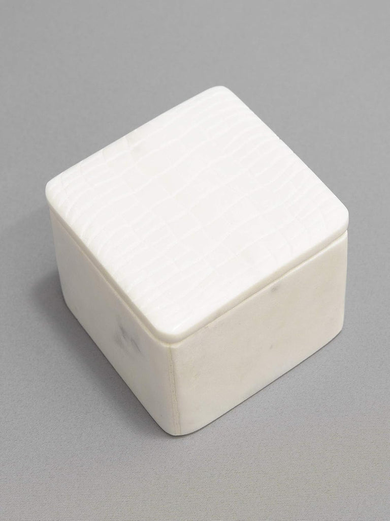 White Marble Storage Box with Lid - Crocodile Pattern - Small - 4" L x 4" W x 2.5" H