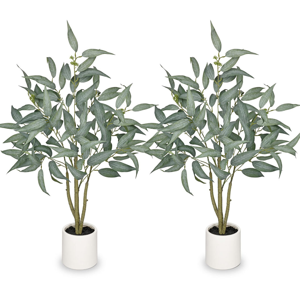 2 Packs Eucalyptus Trees Artificial Indoor - 3FT Tall Faux Eucalyptus Plants in White Planter, Fake Plant Décor for