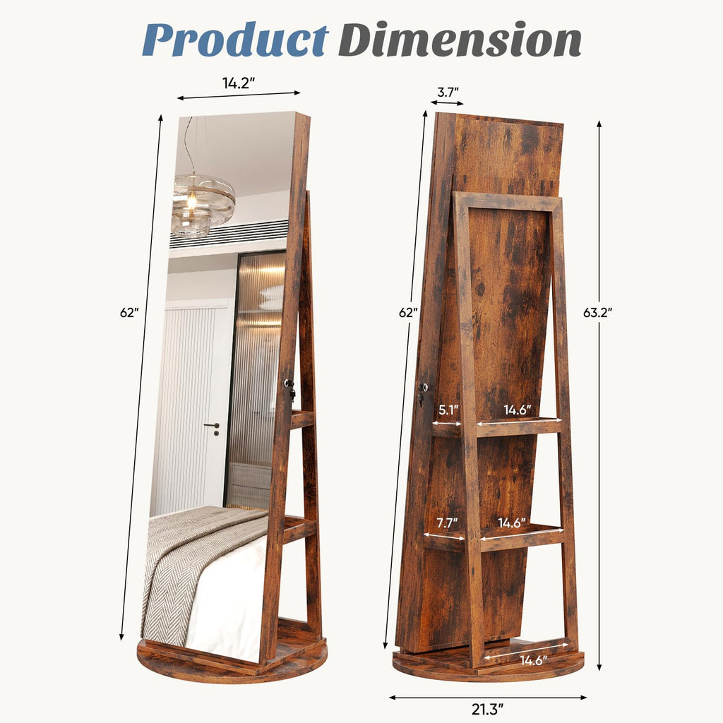 360° Swivel Jewelry Cabinet with Light, Lockable Full Length Mirror