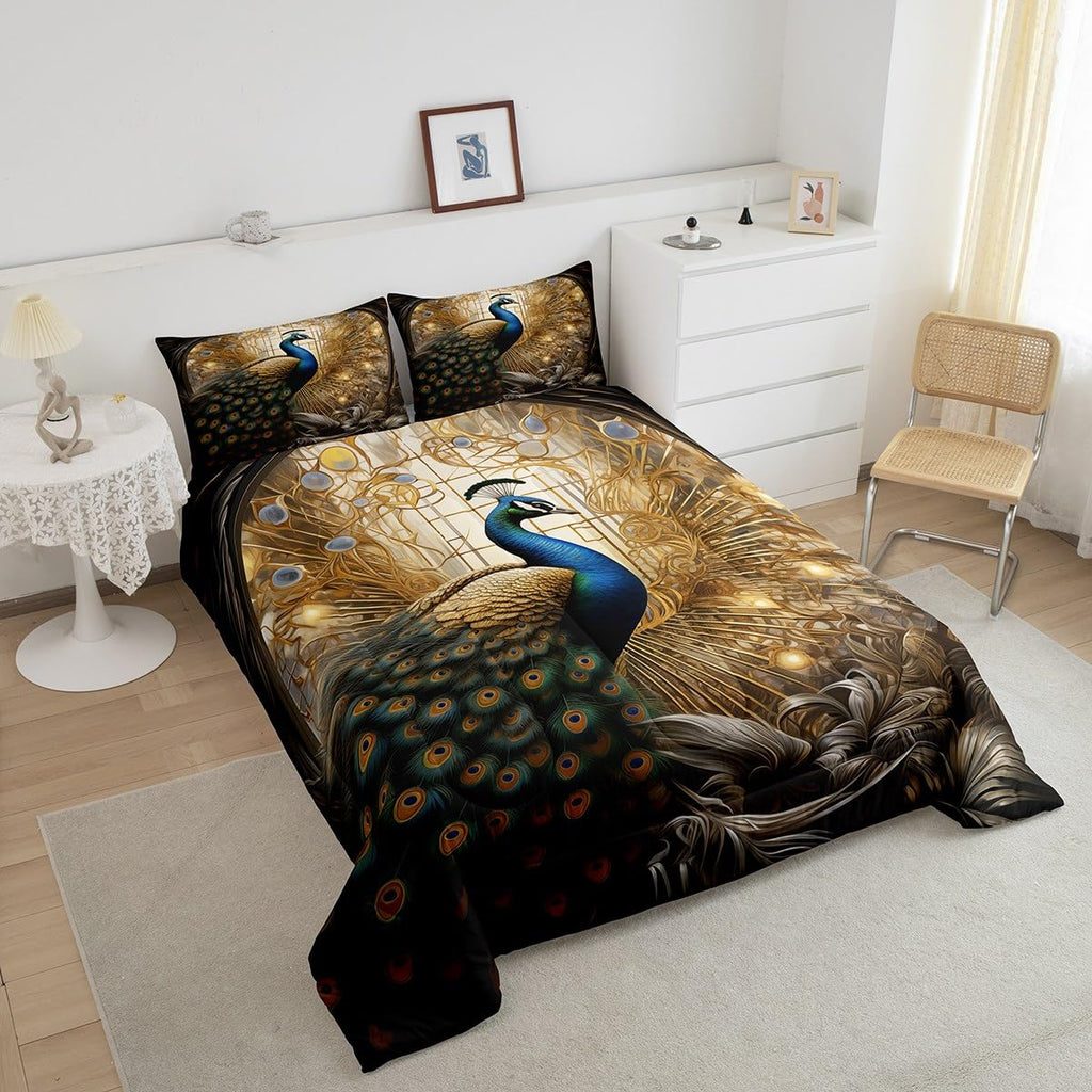 Peacock Comforter Set Exotic Birds Animal Bedding Queen, Elegant Gorgeous Golden Feather Bedding Comforter Sets