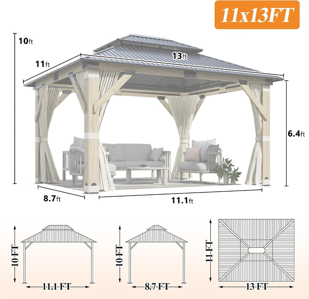 11'x13' Outdoor Wooden Gazebo, Patio Galvanized Steel Wood Gazebo with Privacy Curtains and Netting