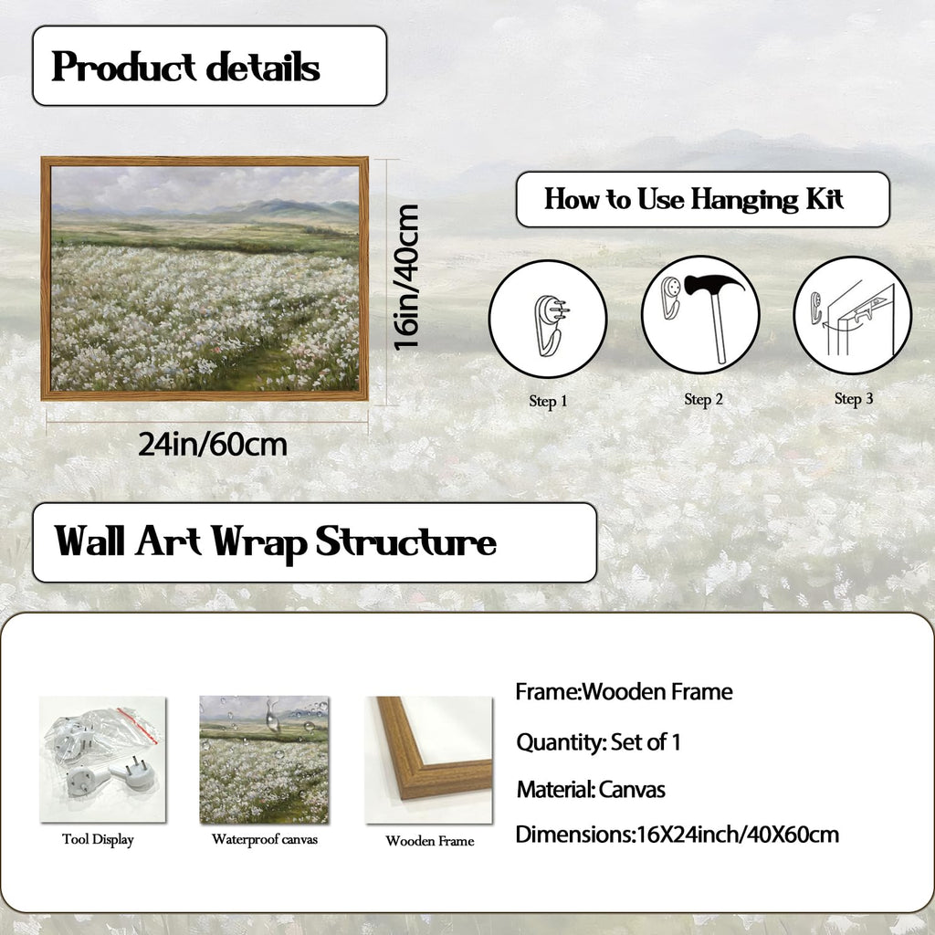 Framed Vintage Landscape Wall Art, Country Wildflower Field Pictures Wall Decor, Rustic Nature Flower Paintings