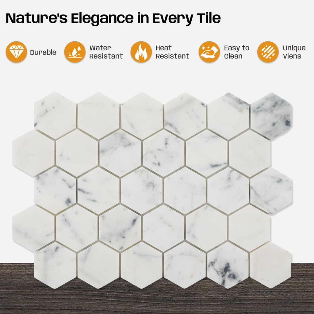 2 Inch Hexagon White Marble Mosaic Tile for Wall Floor, 5 Sheets