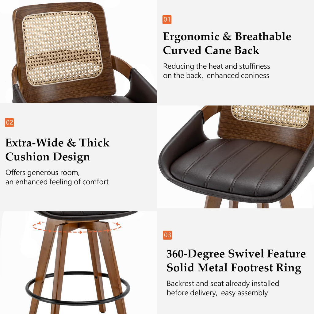 Mid Century Modern Bar Stools - 30 inch Swivel Rattan bar stools with Cane Back, Upholstered Faux Leather, Walnut