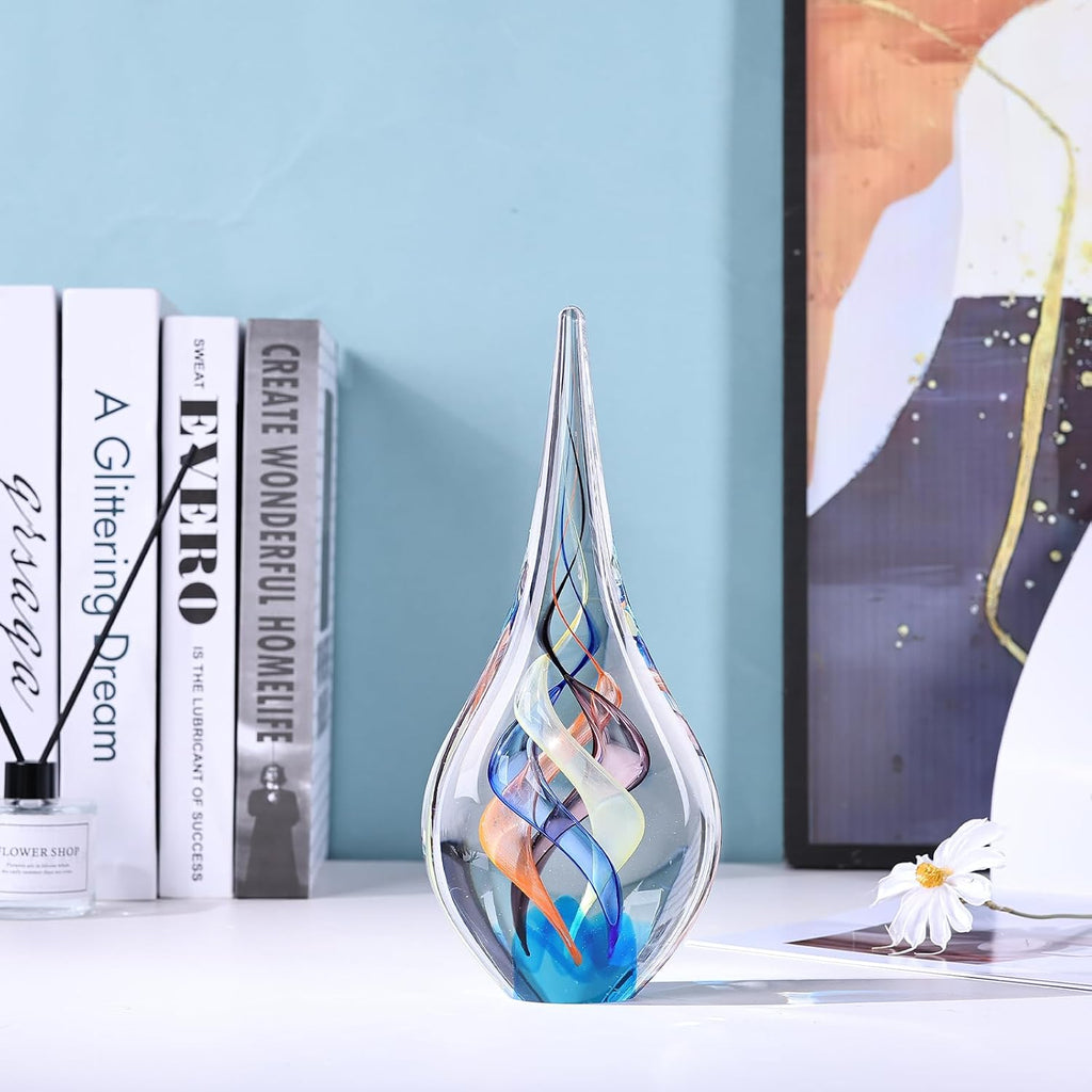 Blown glass sculpture, multi-color transparent glass art teardrop statue, unique ocean theme decoration, bookshelf - Set of 2