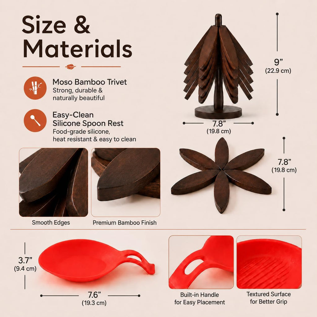 Wooden Trivets for Hot Dishes,5-Pads,Silicone Spoon Holder Included