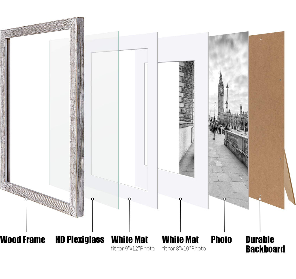 11x14 Solid Wood Picture Frame, Distressed Driftwood White - Rustic Farmhouse Design, 2 Mats for 9x12 or 8x10 Photos