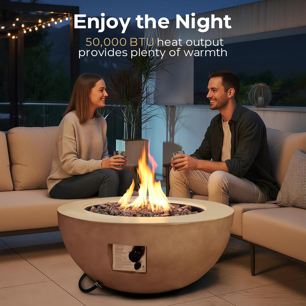31.5 Inch Round Propane Fire Pit Table - Concrete Round Fire Bowl 50,000 BTU Natural Gas Firepit Burner with Steel Lid
