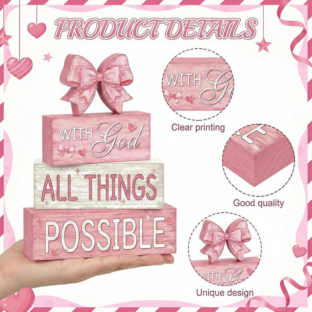 Tiered Tray Decor Set, , Wooden Table Sign, Pink Bow - Set of 4