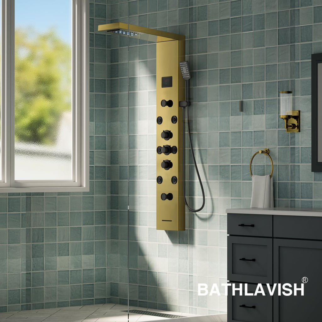 Brushed Gold Shower Panel Tower System 5 In 1 Stainless Steel Shower Tower