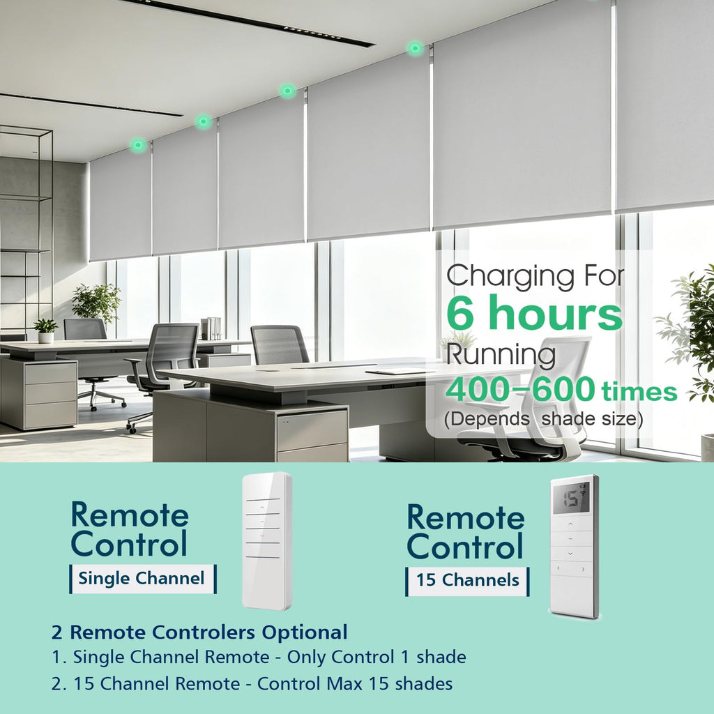 Motorized Blackout Cordless Window Shades, Remote Control Wireless and Rechargeable Window Blinds with Metal Valance