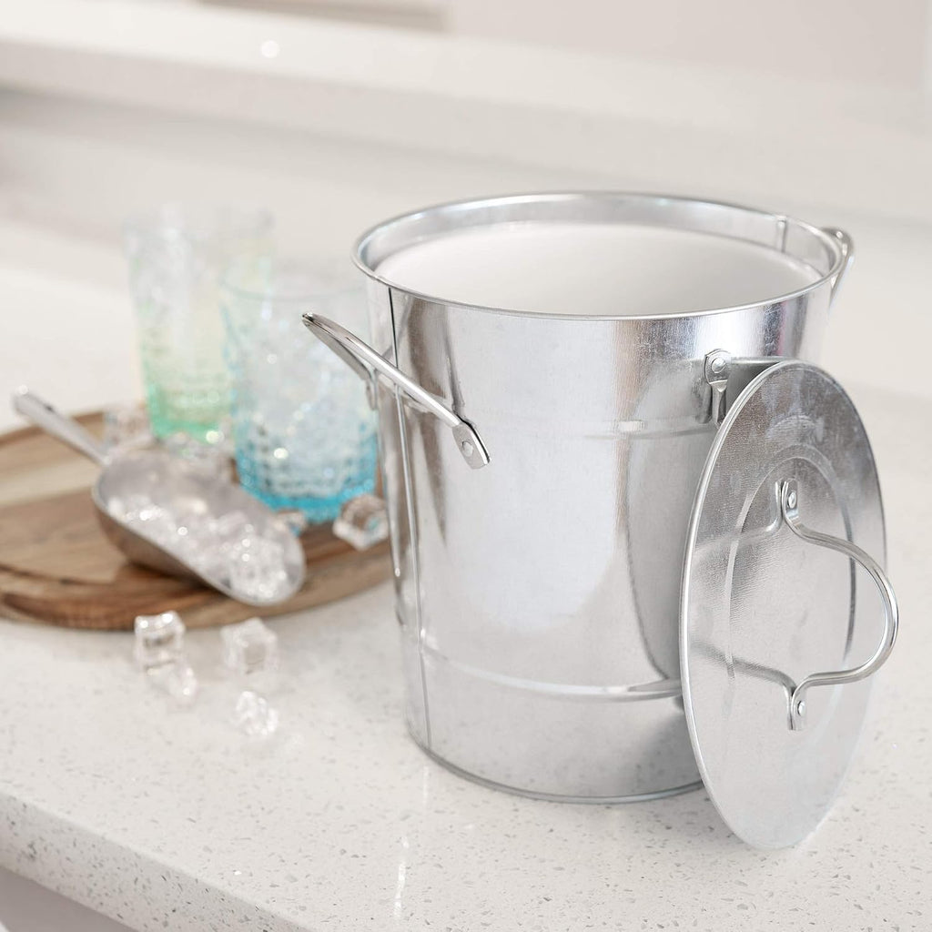 Insulated Ice Bucket with Lid, Scoop & Handles for Beer, Wine, Champagne, Beverages, 1 Gal Galvanized Metal Bucket