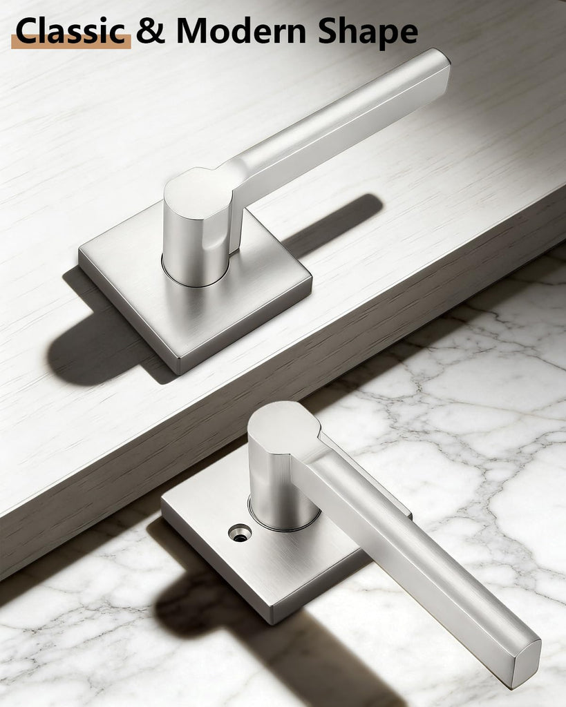Brushed Nickel Square Passage Door Handle, 1 Pack Non-Locking Modern Lever for Closet Hallway, Reversible for Right