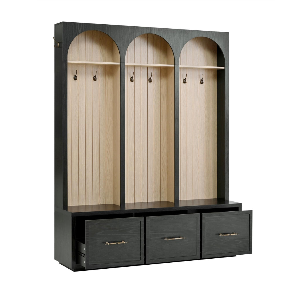 Farmhouse Wood Hall Tree with 8 Hooks and Storage Shoe Bench, Arched Mudroom Versatile Coat Racks with 3 Drawers