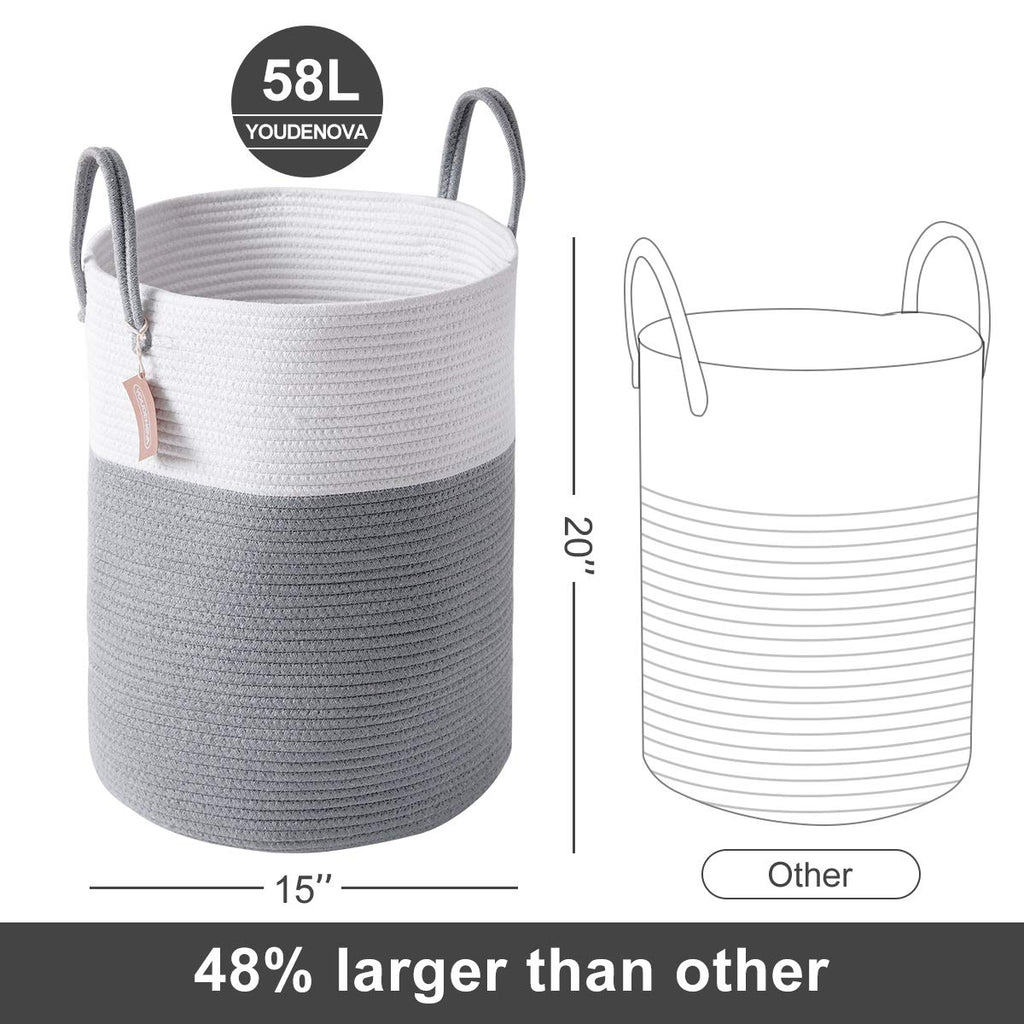 Cotton Laundry Hamper, 58L Tall Storage Basket-Grey
