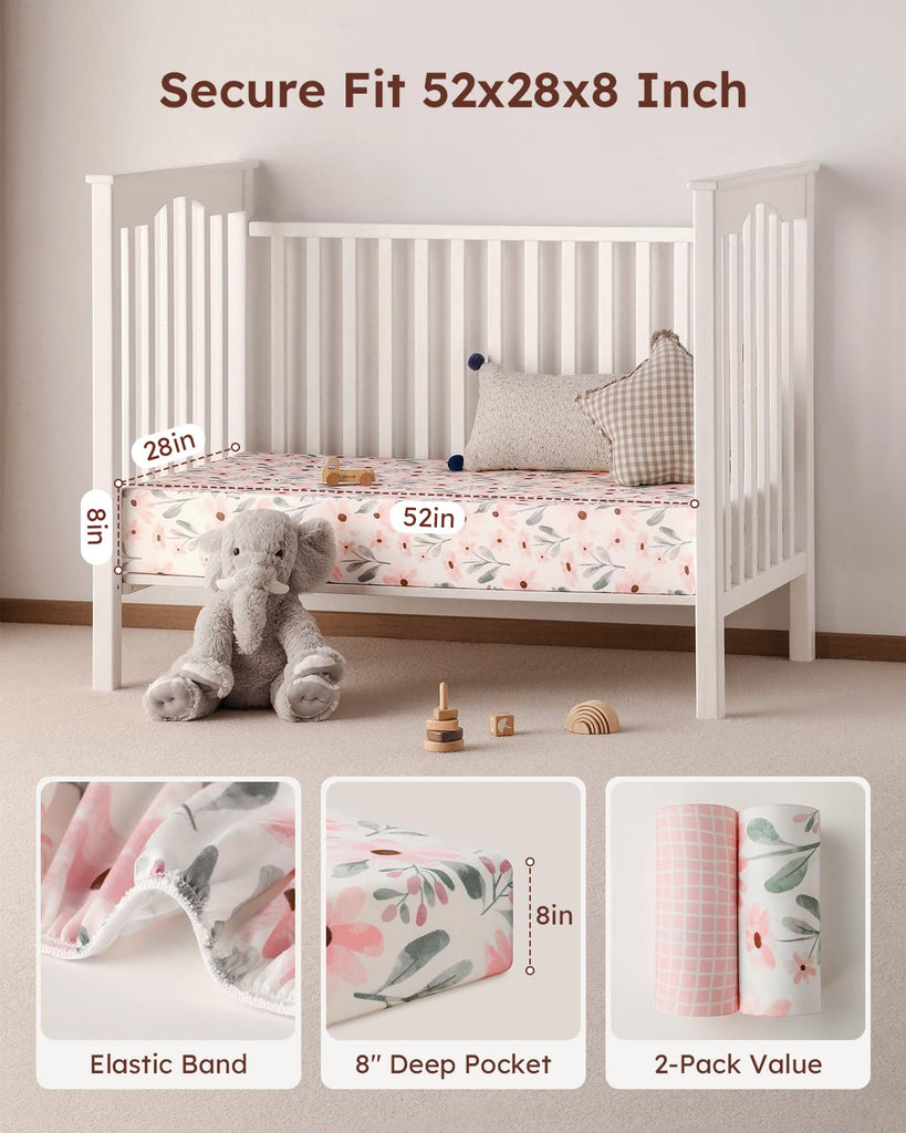 2-Pack Baby Crib Sheets for Girls 52x28 (Pink+Floral)