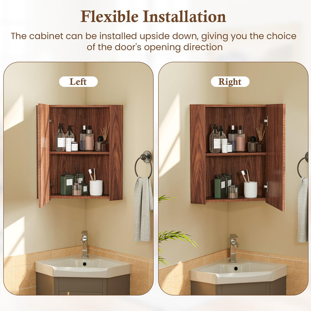 Corner Medicine Cabinet with Mirror, 23.5" Wall Mounted Storage Cabinet Organizer with Left/Right Open Mirror Door &