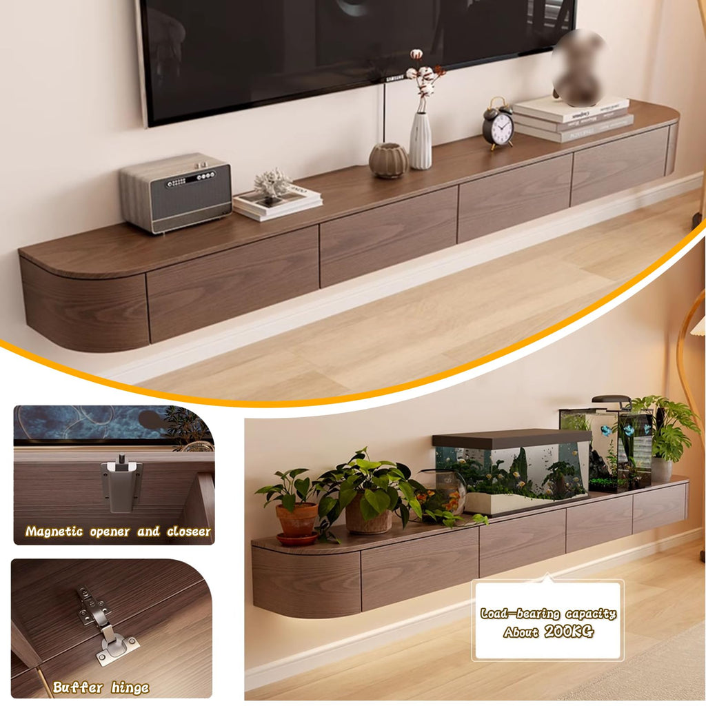Solid Wood Floating TV Stand - Wall Mounted Media Console with 2 Side Doors, Deepened 11.8'', Wall Mounted