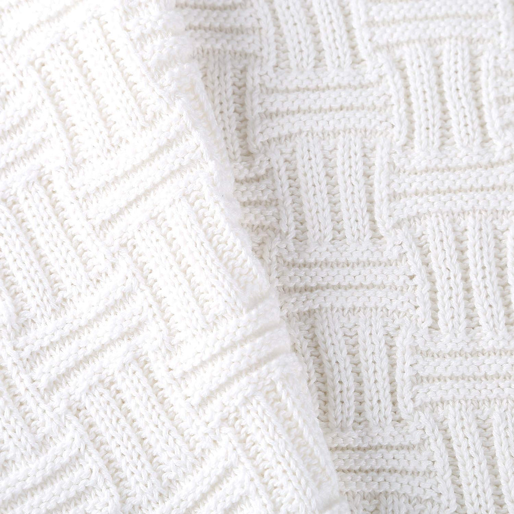 Pure White Cotton Cable Knit Throw Blanket for Couch Chair Sofa, Soft Cozy Home Decorative Blankets for All Seasons