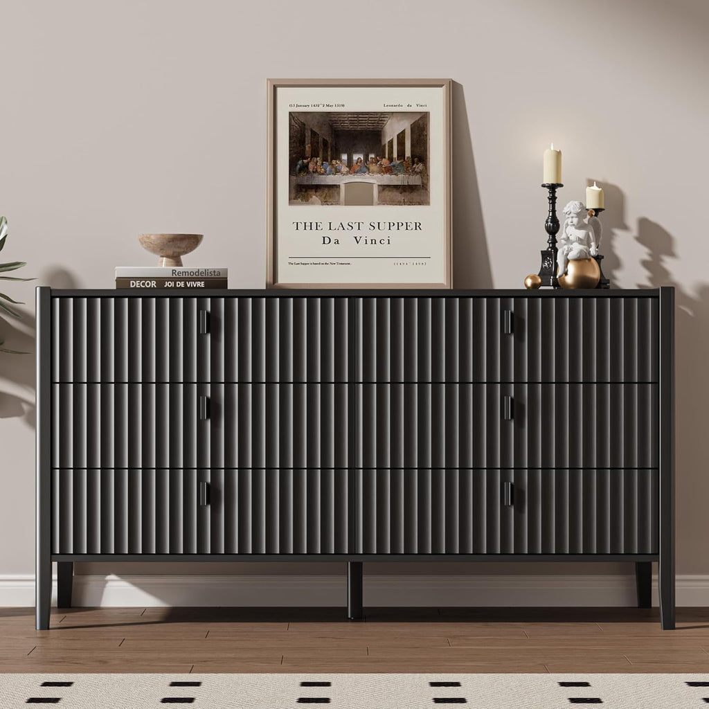 Black 6 Drawer Dresser, Modern Wood Dresser, Fluted Design Double Chest of Drawers with Wood Legs, TV Stand Storage