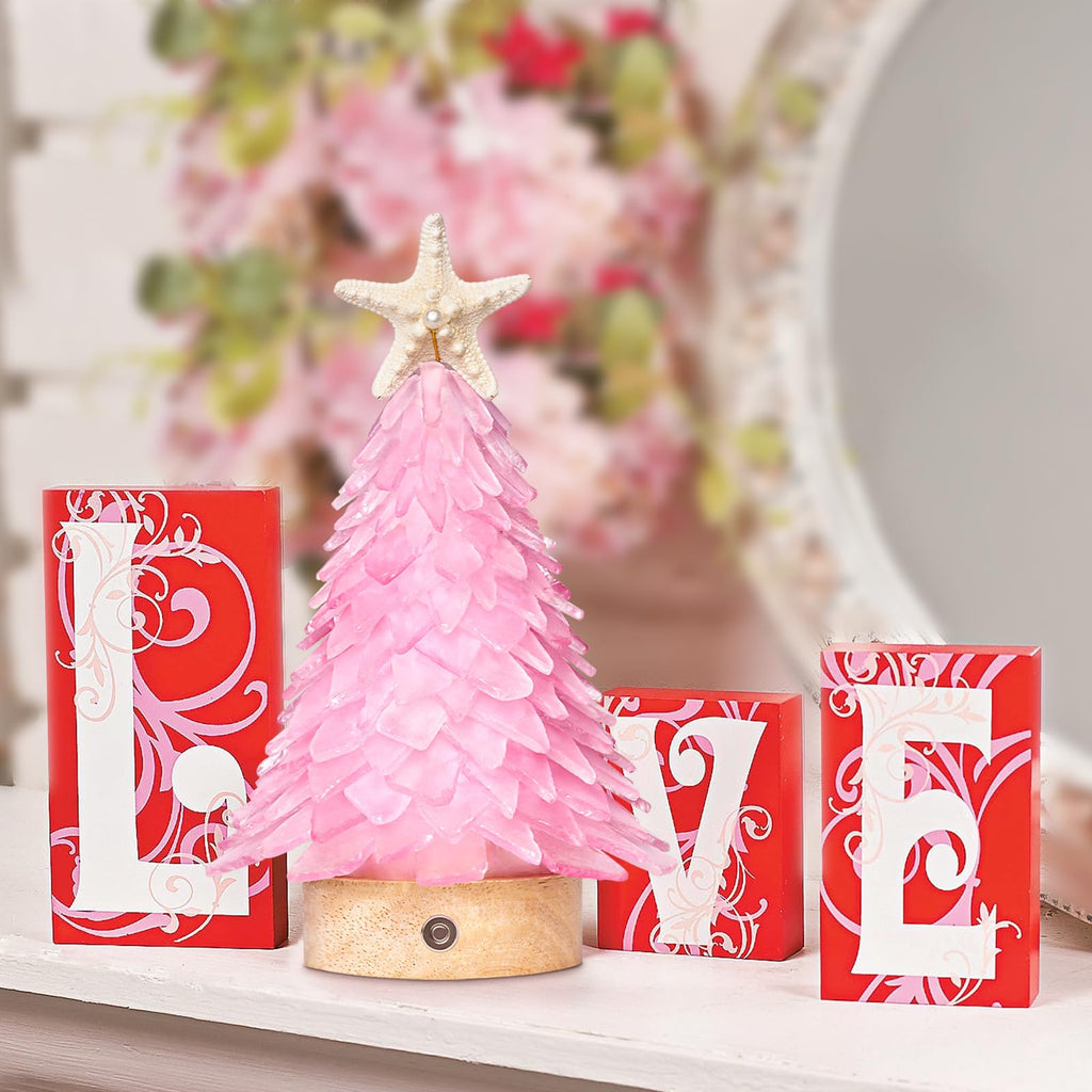 Handcrafted Pink Sea Glass Christmas Tree with LED Lights Table Centerpiece