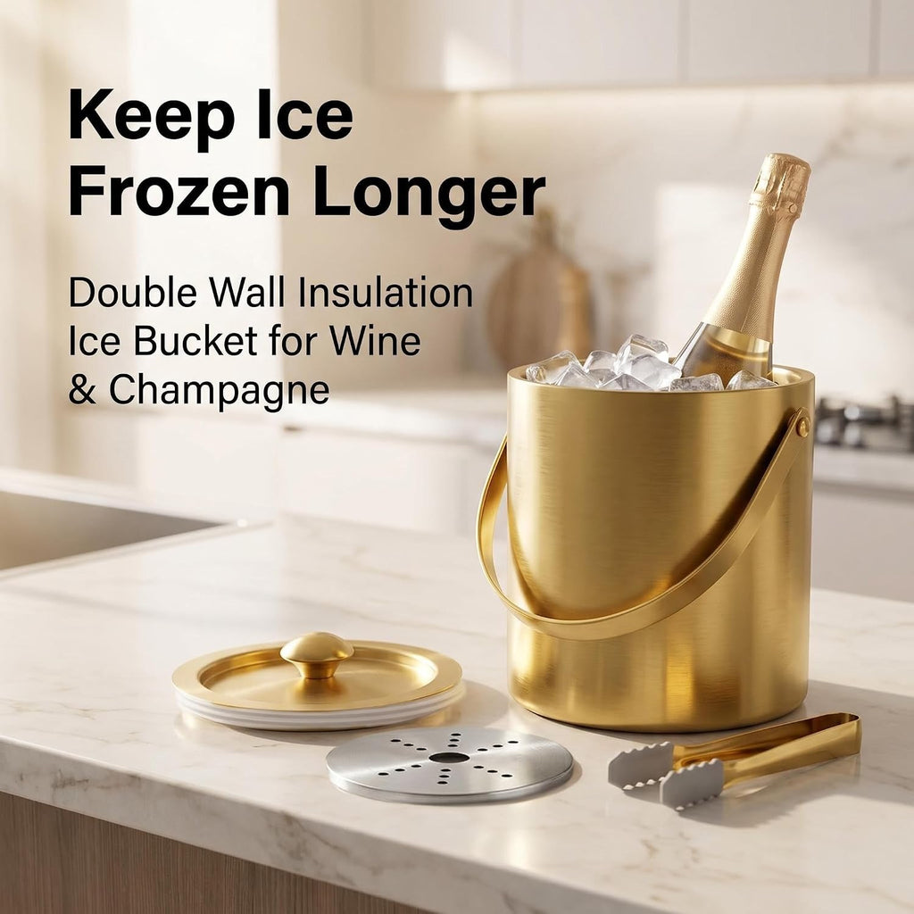 3L Gold Ice Bucket with Lid & Tong, Double Wall Wine Chiller