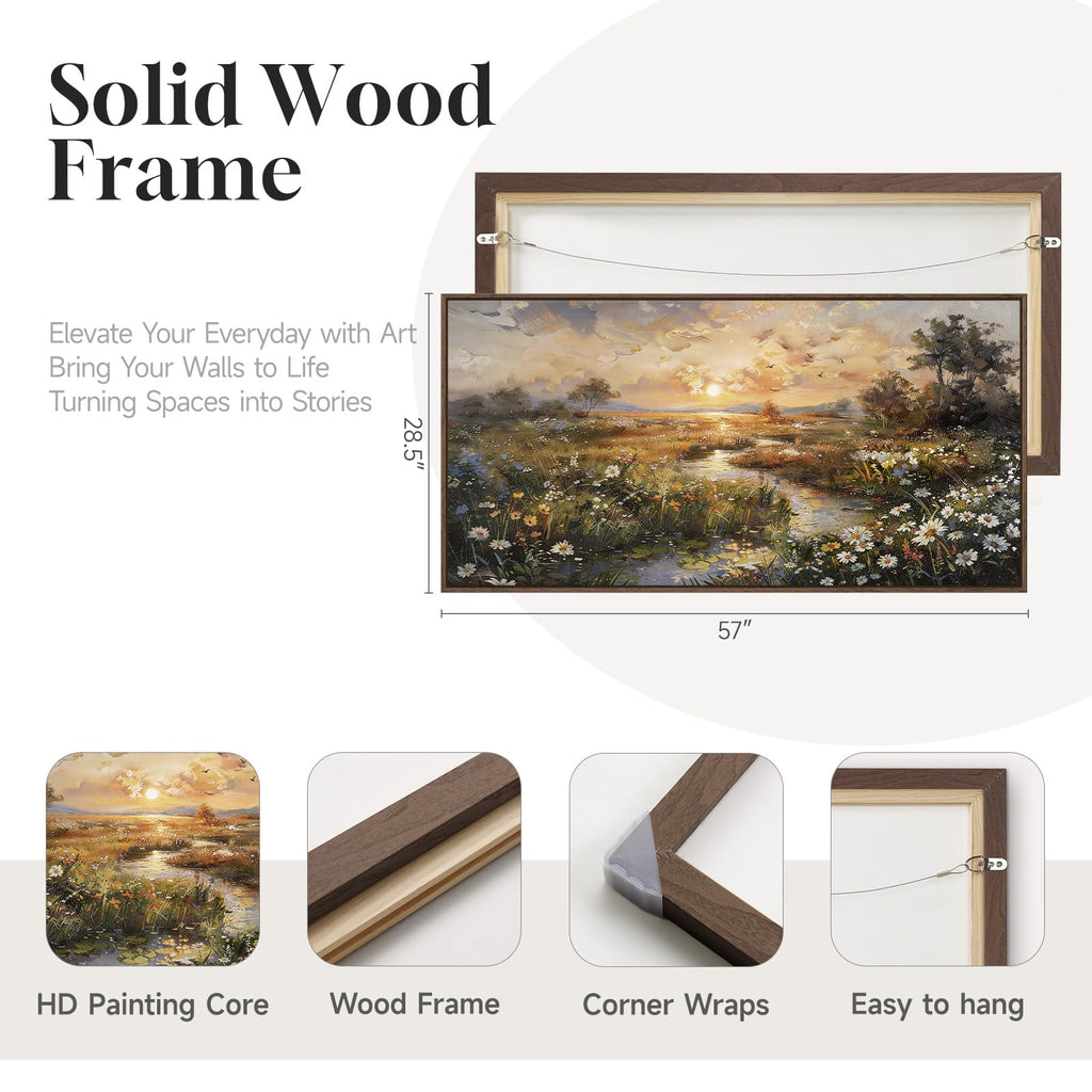 Large Framed Vintage Sunset Landscape Wall Art, 60x30 Inch
