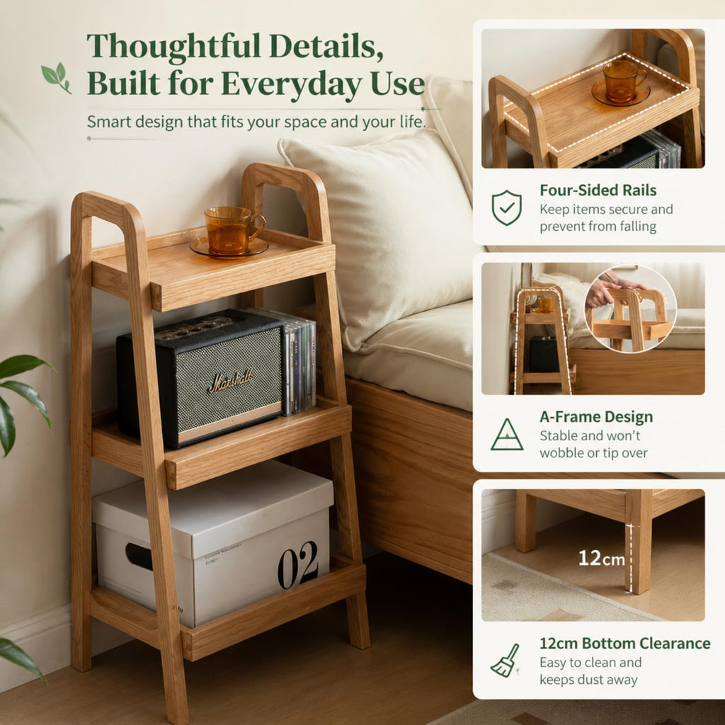 Small Bookshelf for Small Spaces, Oak Ladder Shelf, Solid Wood Bookcase