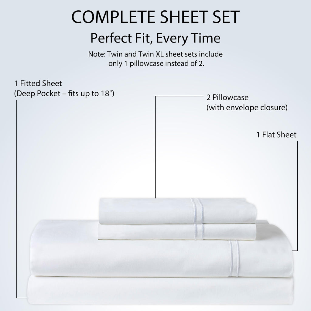 Sheet Set, 500 TC Single-Ply Cotton Sateen, 4-Piece, White
