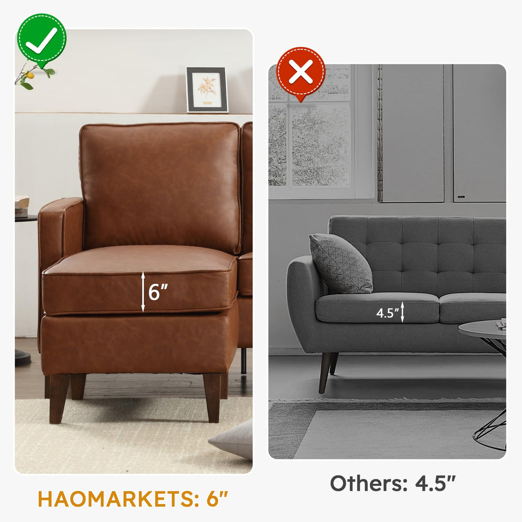 Faux Leather L Shaped Couch with Solid Wood Feet, 3-Seater Sofa with Reversible Chaise, Sectional Couches, Brown