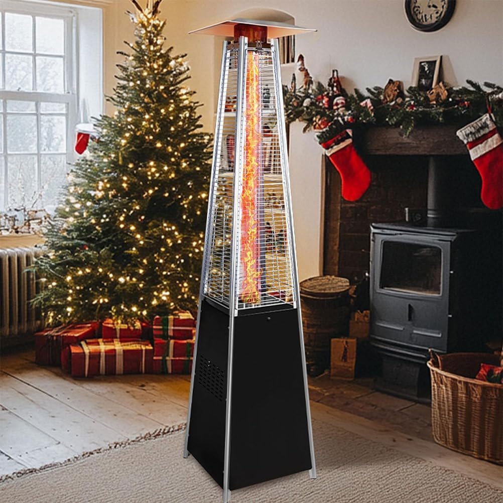 Patio Heater, 48,000 BTU Pyramid Propane Outdoor Heater with Glass Tube Flame, Wheels & Protective Cover, One-Touch
