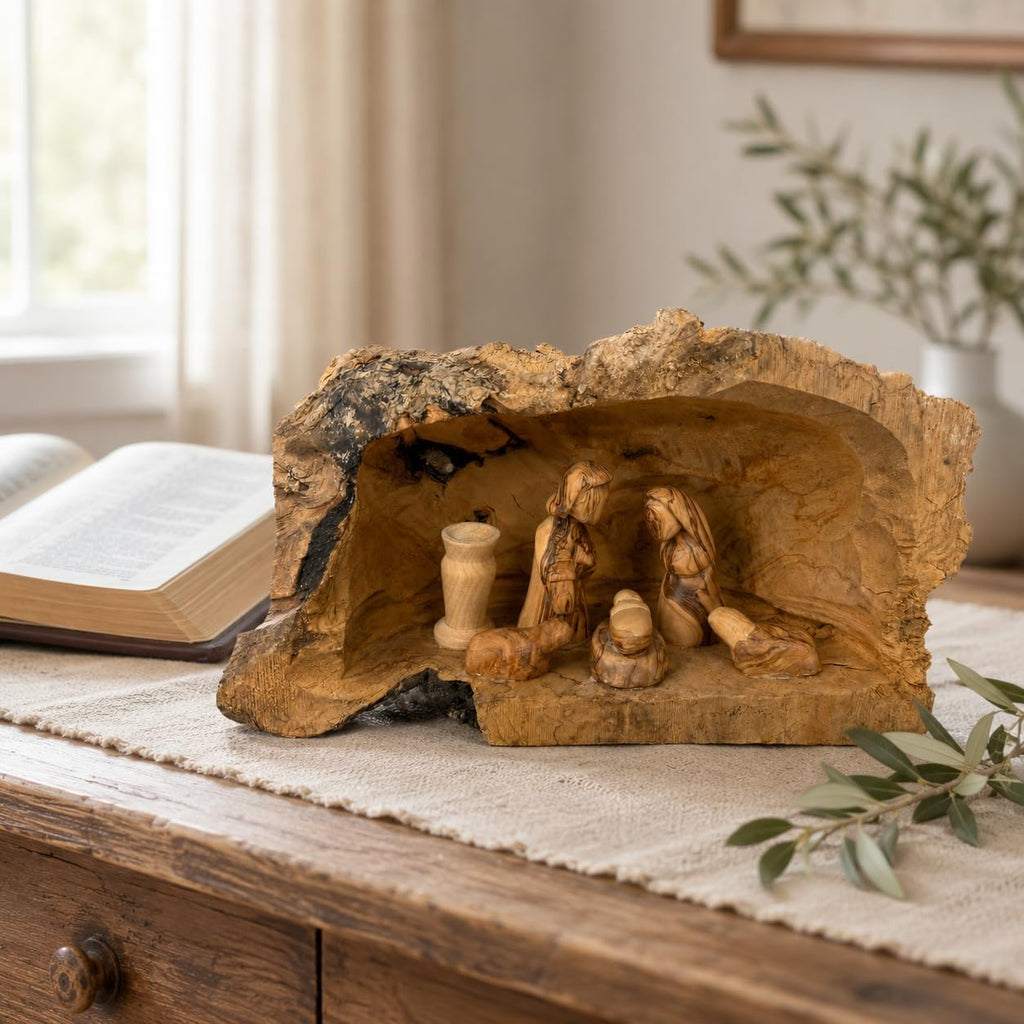 Olive Wood Rustic Nativity Set, Hand Carved Bark Log Cave with Holy Family from Bethlehem, 6.3 Inch Tall, Natural