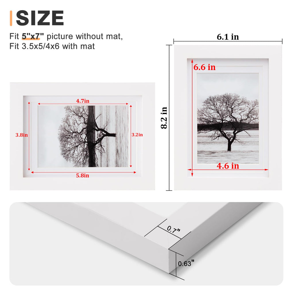 5x7 Picture Frames Set of 4, Made of Solid Wood Covered by Plexiglass 3.5x5 and 4x6 with Mat or 5x7 without Mat, for