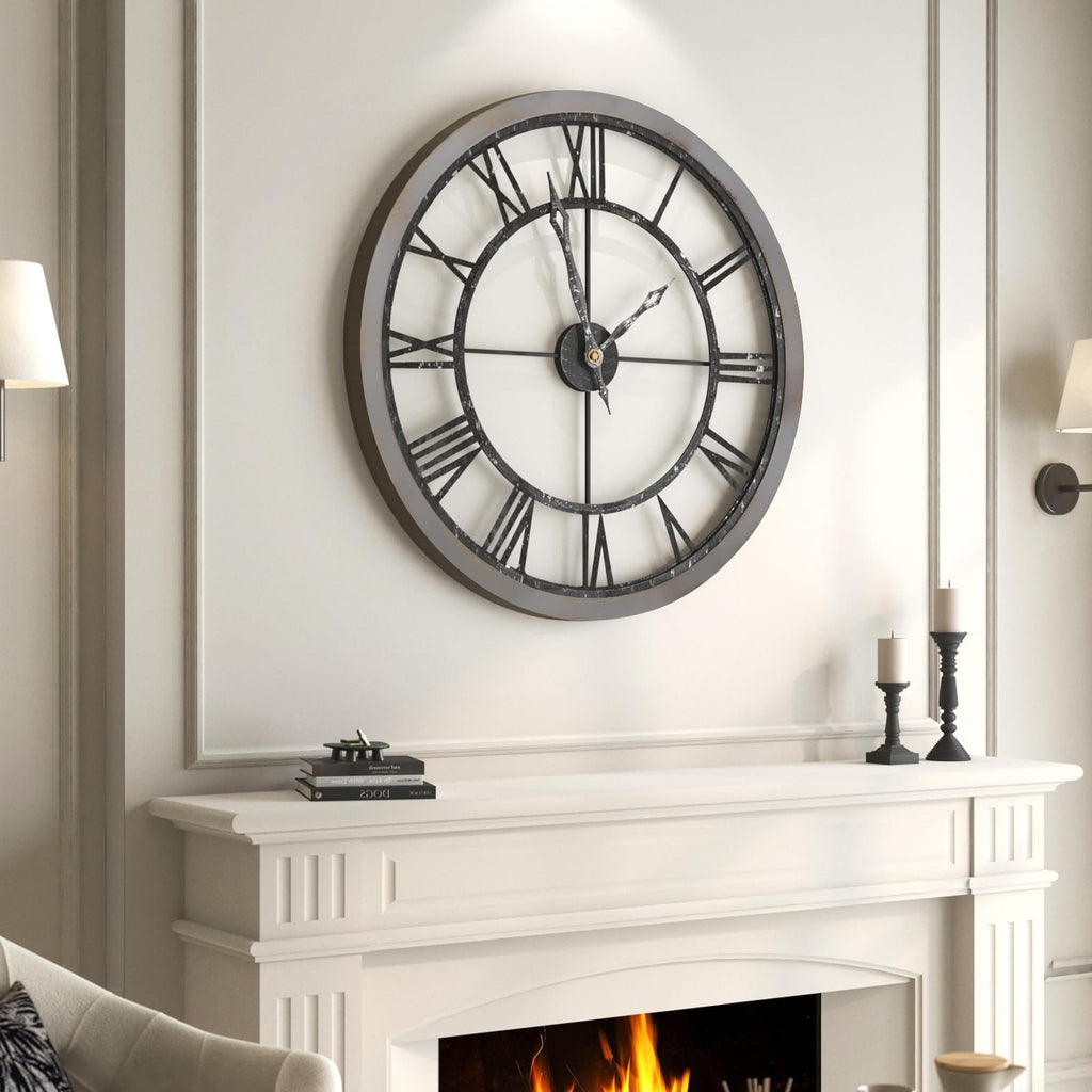 30 Inch Large Wall Clock Rustic Industrial Wood Frame Roman Numeral