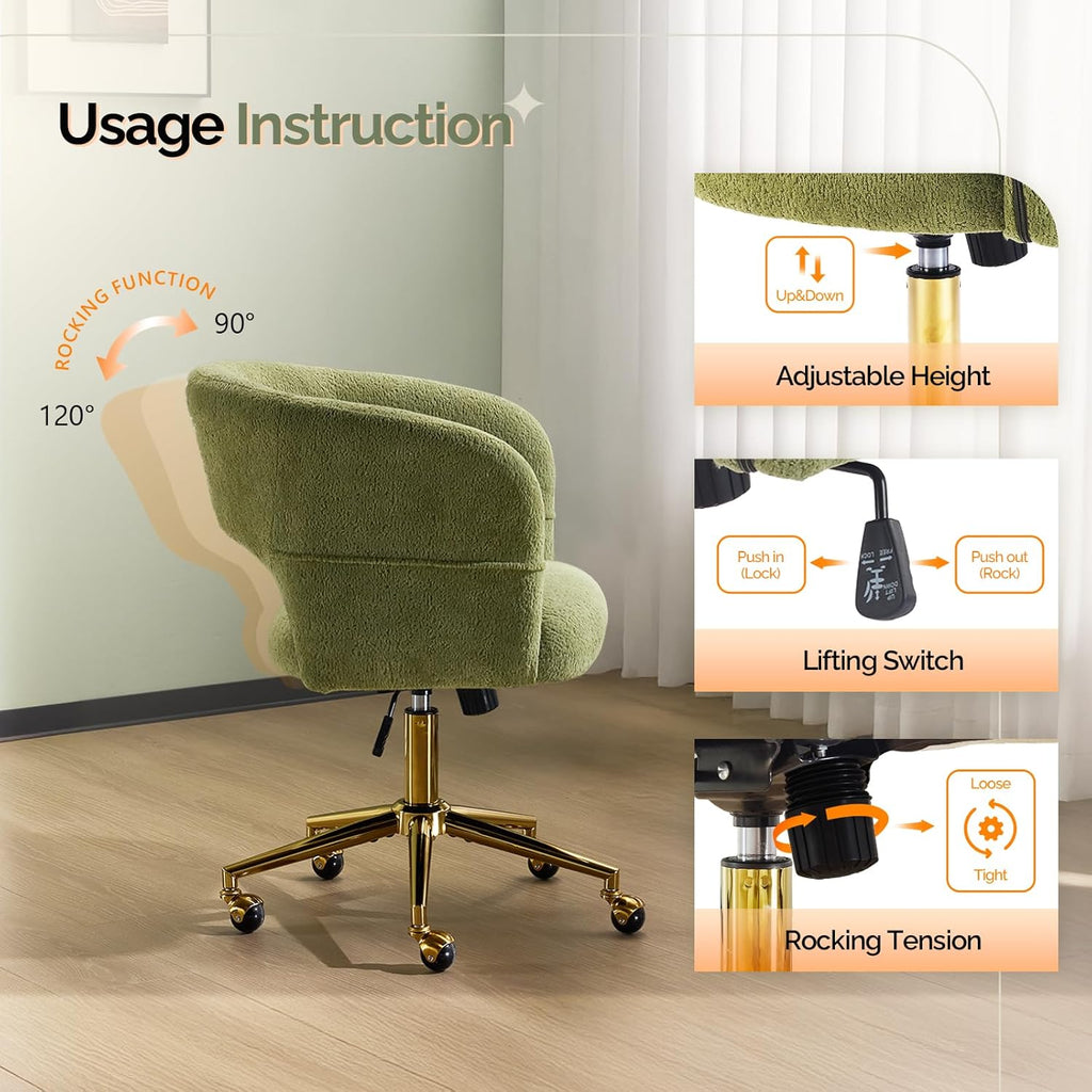 Modern Curved Office & Vanity Desk Chair, Cute Upholstered Nail Chair with Wheels & 360° Swivel & Club & Tilting &