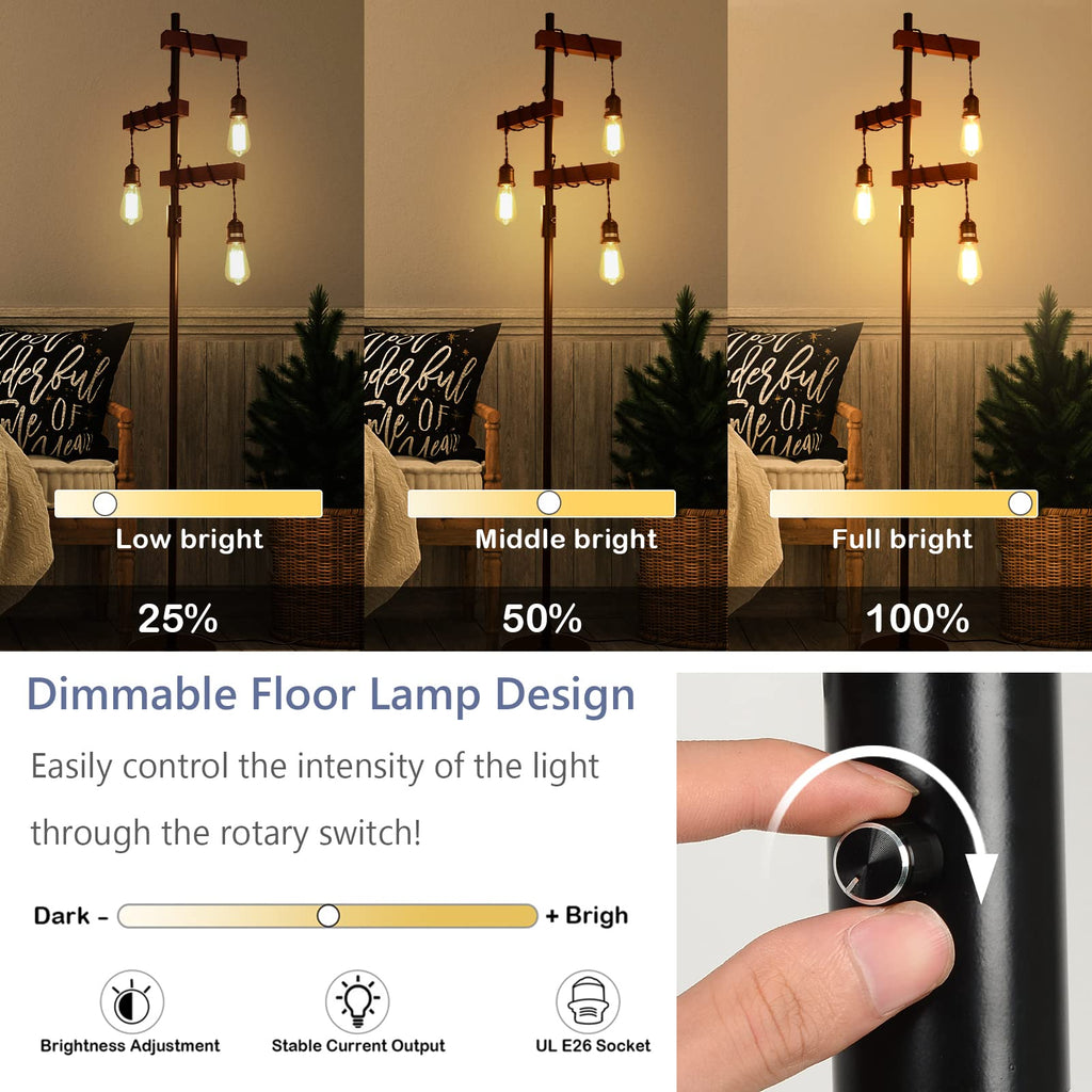 Dimmable Industrial Floor Lamp, Farmhouse Tree Floor Lamp, 68 Inch 3 Lights Wood Standing Lamp, Sturdy Base Tall