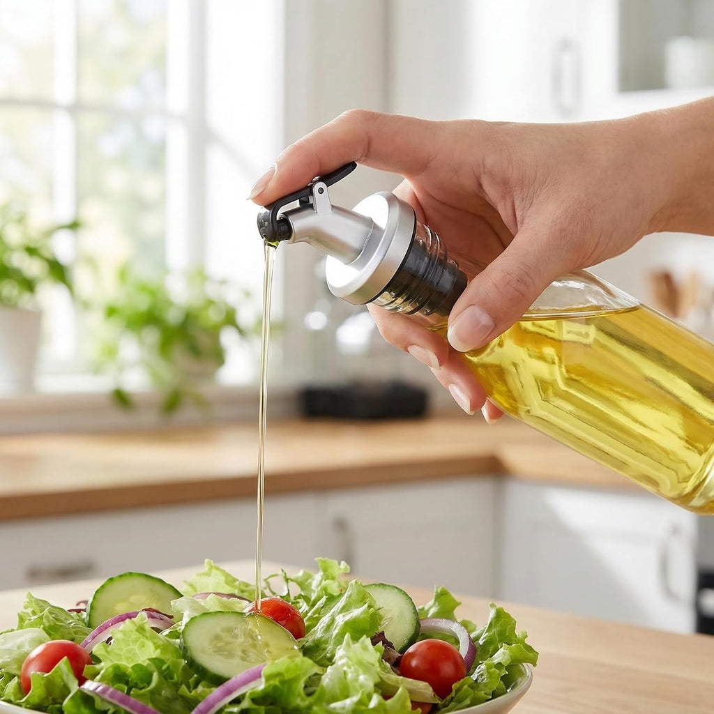 Oil Vinegar Dispenser Bottles Set with Caddy Stand, Tabletop Glass Salt Pepper Shaker Olive Oil Vinegar Cruets - Set of 5