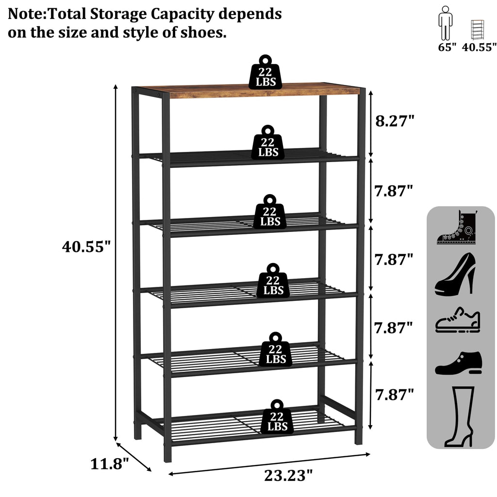Shoe Rack 6-Tier, Shoe Storage Shelf, Industrial Shoe Tower, Narrow Shoe Organizer for Closet Entryway, Small Shoe