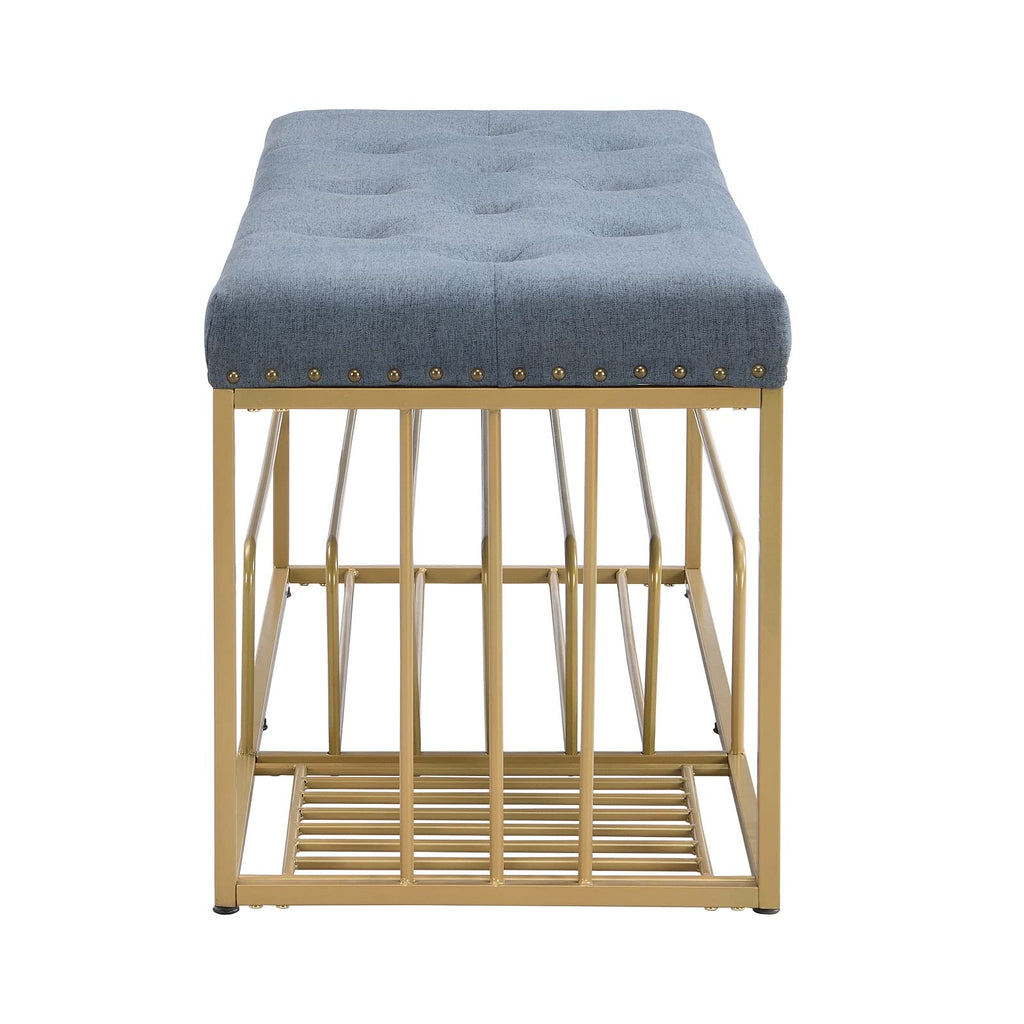 Upholstered Shoe Storage Bench-Nailhead Trim Linen Ottoman Bench with Shoes Rack for End of Bed Entryway Window
