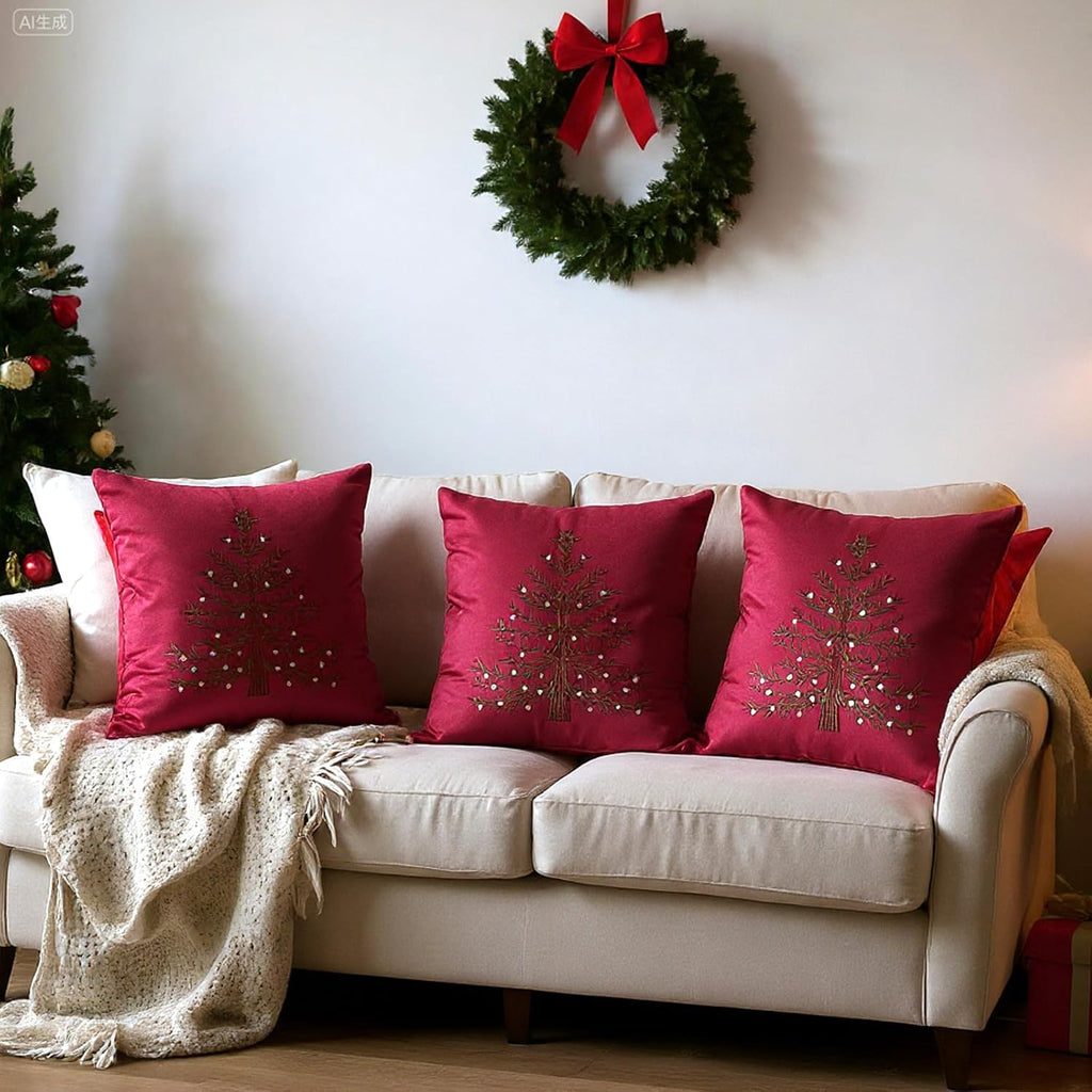 Burgundy Christmas Decoration Pillow Covers 18 X18 Inch Christmas Tree Decorative Red Velvet Embroidery - Set of 2