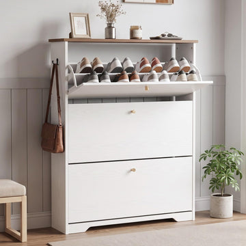 Shoe Cabinet, 3 Flip Drawers Slim White Walnut Top Entry Storage