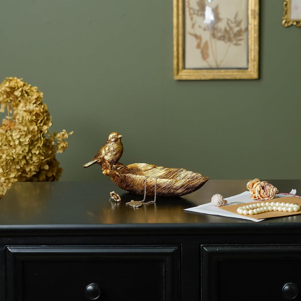 Resin Jewelry Tray, Gold Leaf-shaped with Standing Bird, Ring Dish, Decorative Organizer for Entrance Vanity Dresser