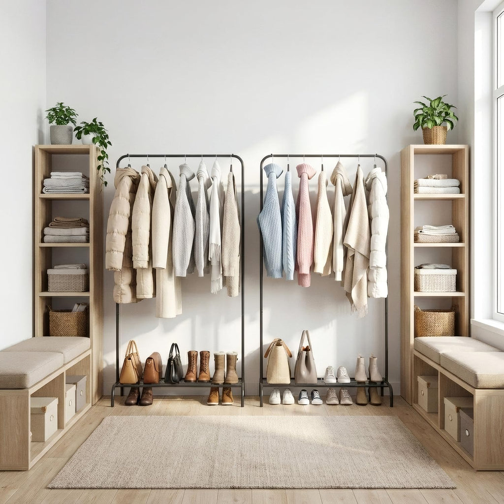 Black Clothing Rack 2 Pack for Small Spaces, Freestanding Garment Rack with Bottom Shelf, Stable Clothes Organizer