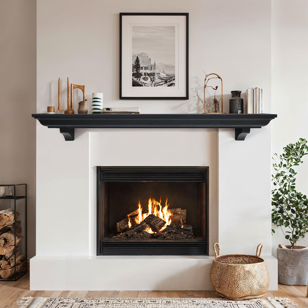 60 Inch Fireplace Mantel Shelf with Corbels, Rustic Floating Shelf, Black