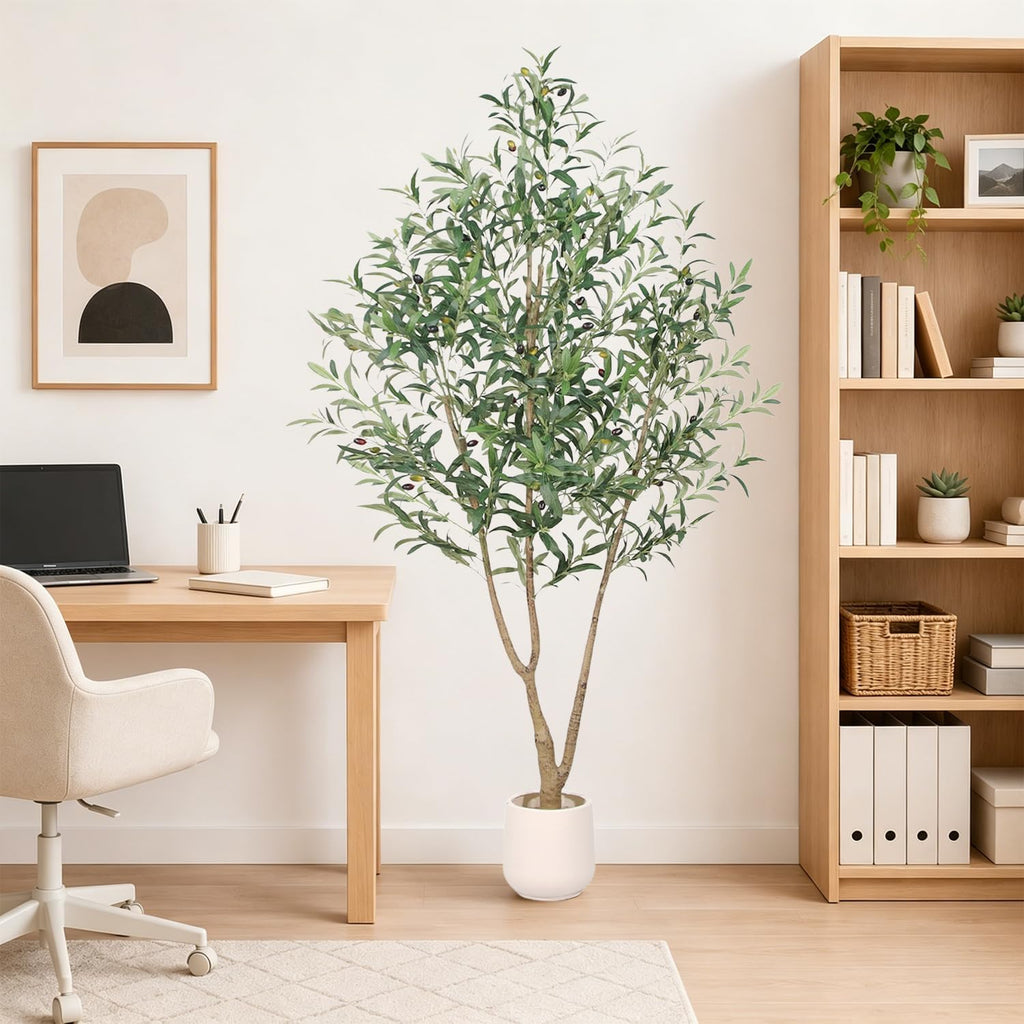 Olive Trees Artificial Indoor, 6FT Tall Faux Olive Tree with White Planter, Artificial Plants with Lush Leaves