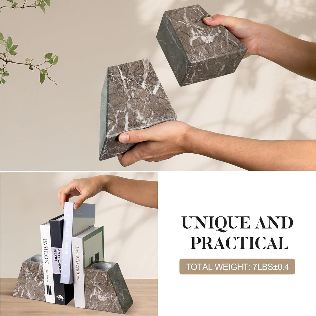 Marble Bookends Decorative, Natural Stone Book Stopper for Shelves, Unique Vase Book Ends Decoration (Gris Lido)