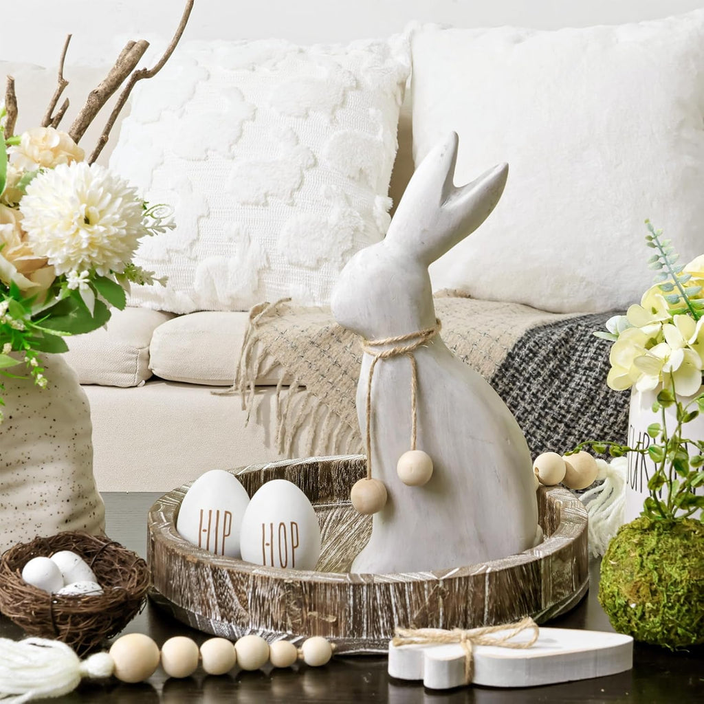 Farmhouse Antique Wood Rabbit Figurines, Handmade Elegant Easter Bunny Statue with Rustic Jute Bows for Spring Easter
